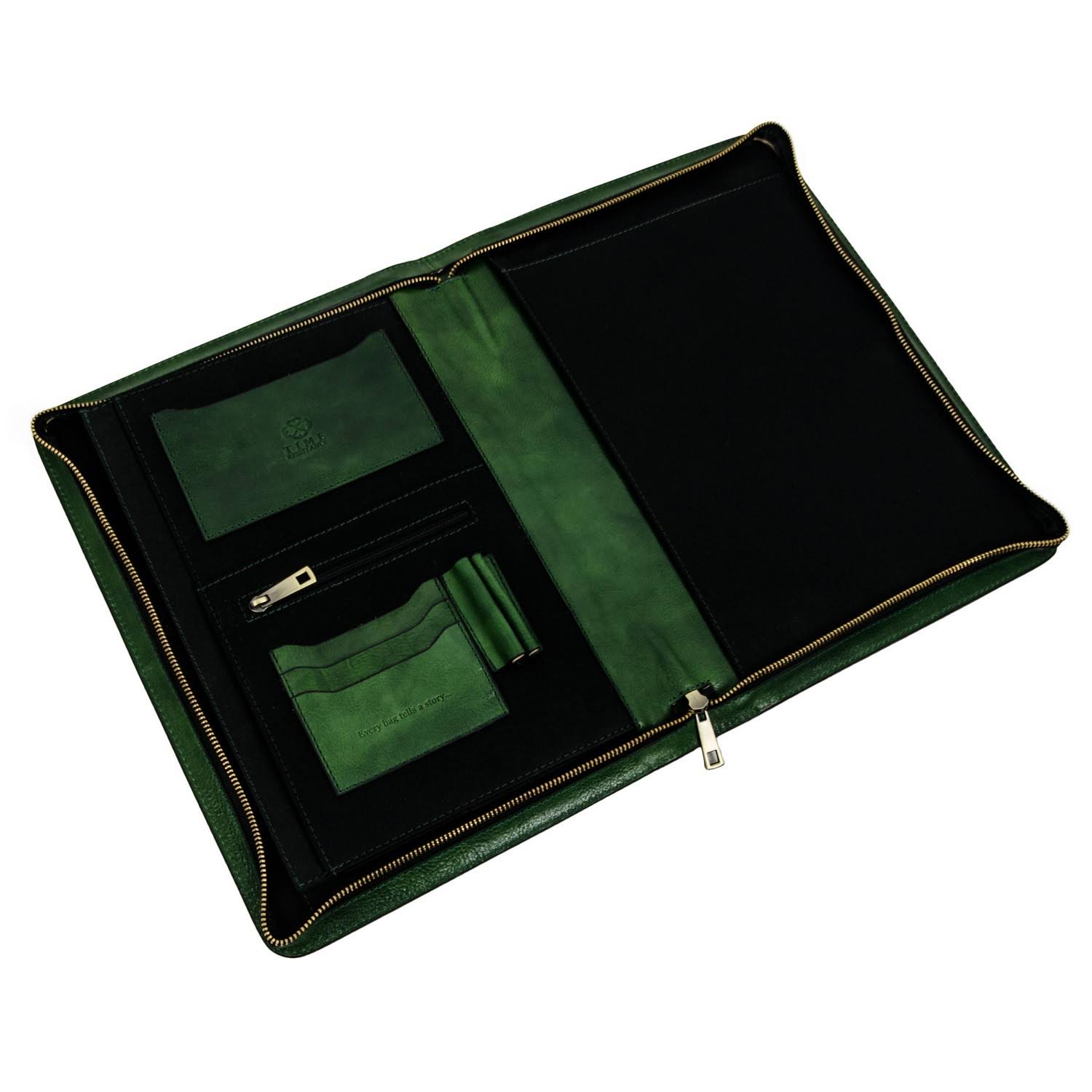 Leather Portfolio Document Folder Handcrafted Case Green Time Resistance