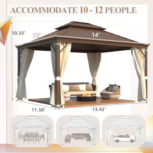 YOLENY 10' x 12' Hardtop Gazebo, Metal Gazebo with Aluminum Frame, Double Galvanized Steel Roof, Curtains and Netting Included