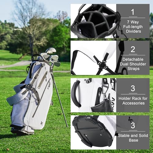 KVV Lightweight Golf Stand Bag with 7 Way Full-Length Dividers, 5 Zippered Pockets, Automatically Adjustable Dual Straps，Elegant Design
