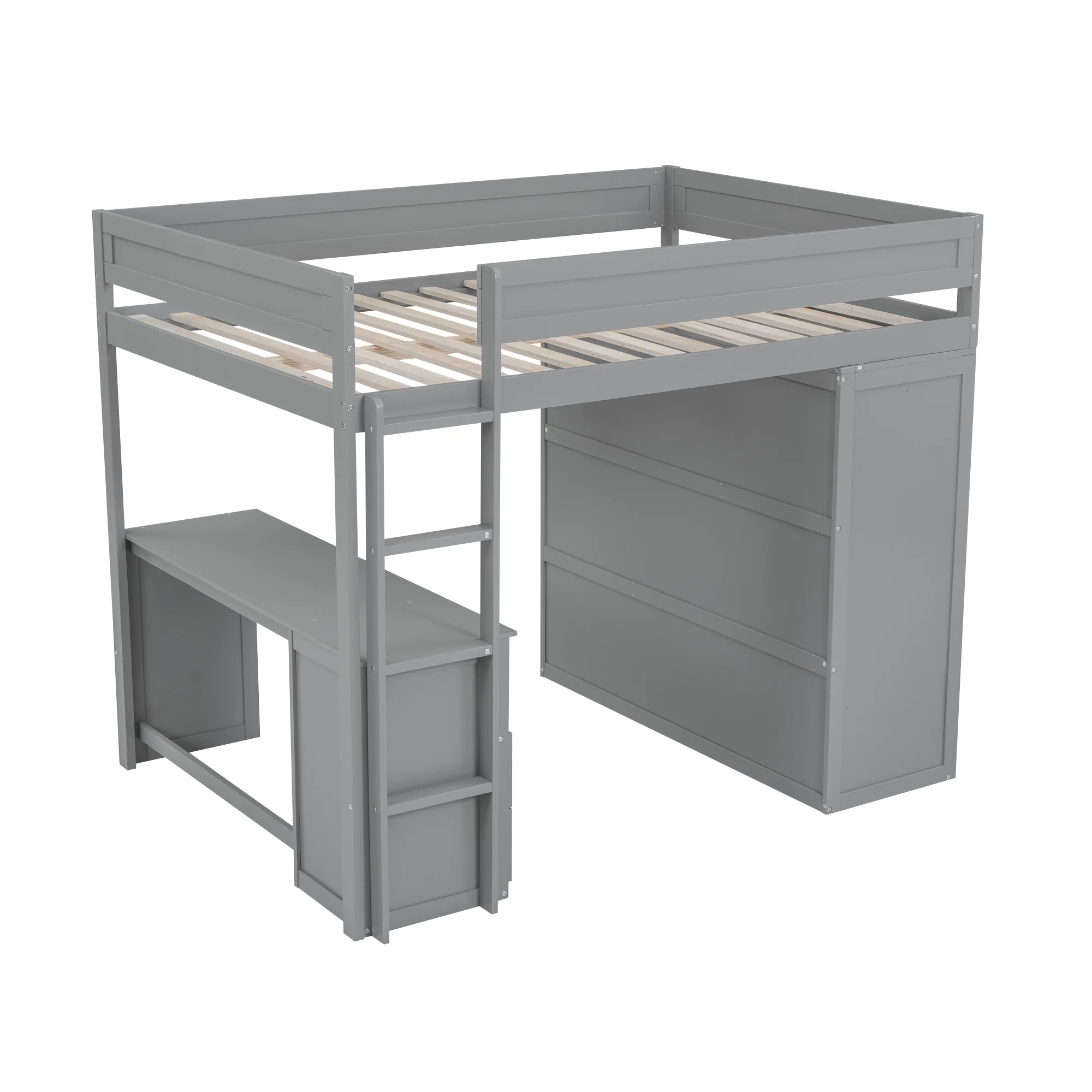 EUROCO Wood Full Size Loft Bed, Storage Desk and Drawers, Wardrobe with Clothes Hanger and Sliding Door for Living Room, Gray - Radiant Selections