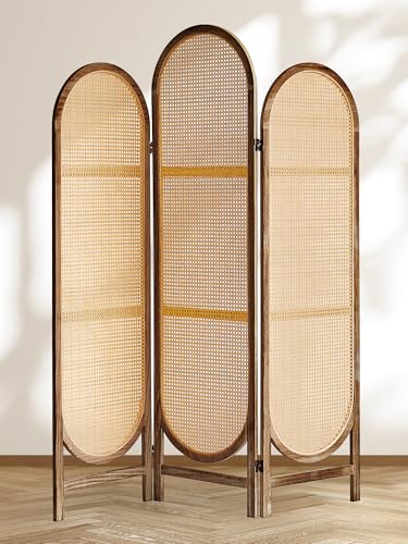 3 Panel Room Dividers and Folding Privacy Screens, Hand-Made Rattan Room Divider with Bi-Directional Hinge
