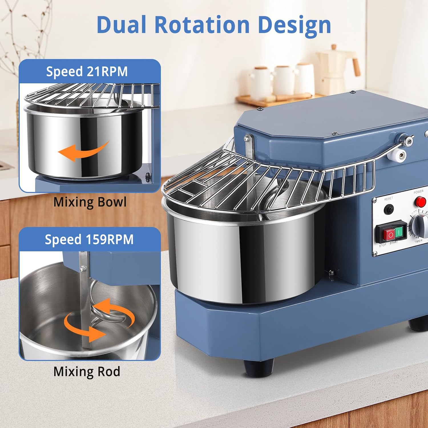Commercial Dough Mixer, 8Qt Capacity Stainless Steel Bowl, 450W Dual Rotating Dough Kneading Machine with Security Shield & Timer Included