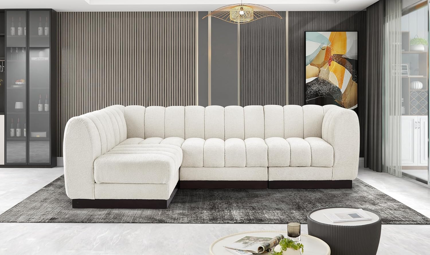 Meridian Furniture Quinn Collection Modern | Contemporary Modular Sectional with Soft Chenille Cross Hatched Fabric, Solid Wood Espresso Base