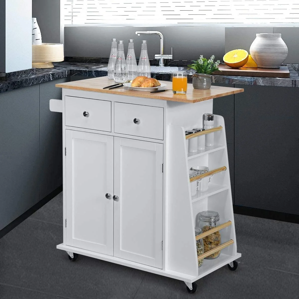 AUGESTER Kitchen Utility Cart, Multifunctional Wooden Trolley with Rollers, Kitchen Storage Trolley with Cabinet, Towel Rack, 2 Drawers