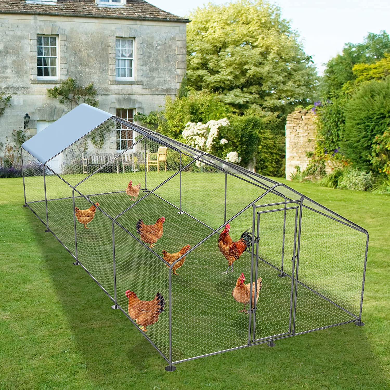 Petony Chicken Coop Outdoor Walk-in Poultry Cage Large Metal Pen Hen Run House Spire Shaped Cage with Waterproof Anti-Ultraviolet Cover