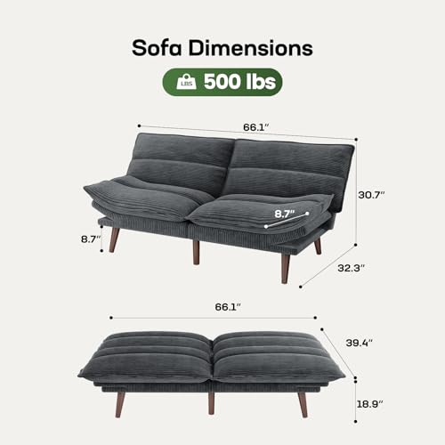 Marsail Futon Sofa Bed, Futon Couch with Adjustable Backrest & Armrests, Convertible Small Sleeper Sofa Bed for Small Apartments, Study Room, Office