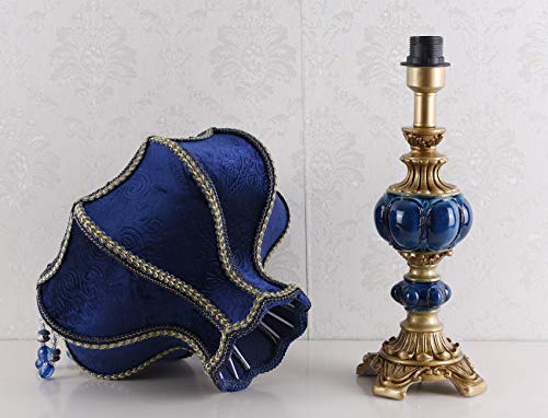 Victorian Style Table Lamp Blue Fabric Lampshade Hand-Made Antique Varnished Resin Lampbody Small Lamp for Living Room Bedroom,13 in W, 21.6 in H (Q2)