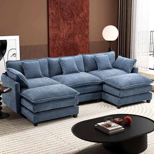Ihanherry 111.4" U Shaped Modern Cloud Sofa Modular Sectional Couch with 2 Ottoman, 5-Seat Chenille Deep Seat Sofa with Pillow for Living Room