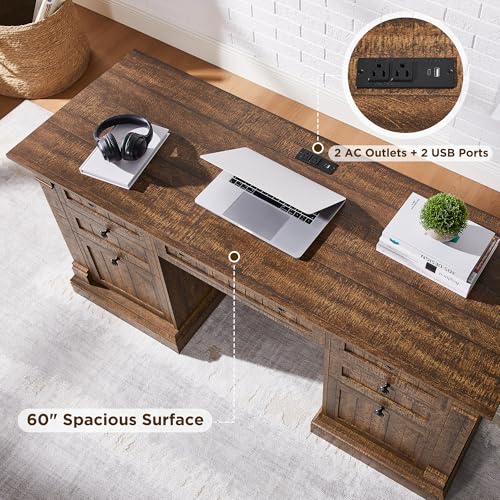 OKD 60" Executive Desk with Drawers, Farmhouse Home Office Desk with Charging Station, Keyboard Tray, File Cabinet Storage