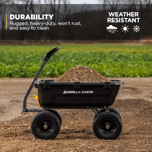 Gorilla Carts Heavy-Duty Dump Cart, Patented Quick-Release Dumping, Steel Frame, 600 lb Capacity, No-Flat 10-Inch Tires, Utility Wagon for Garden
