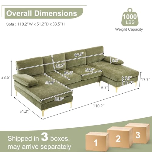 Karl home Convertible Sectional Sofa 110" U-Shape Sofa Couch 4-Seat Couch with Chaise ChenilleFabric Upholstered for Living Room, Apartment, Office