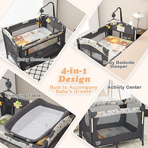 BABY JOY 4 in 1 Pack and Play, Baby Bedside Sleeper with Bassinet, 3 Adjustable Heights, Music Box, Easy to Install