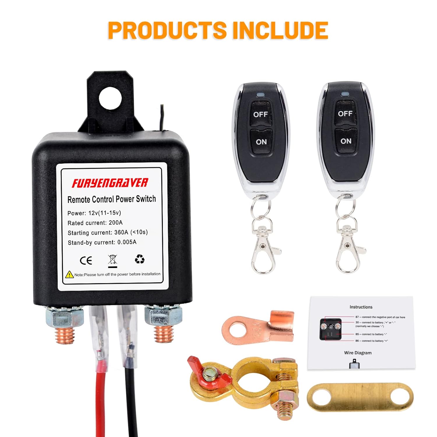Remote Control Battery Disconnect Switch Kill Switch for Car with 2 Keys Anti-Theft DC12V 200A Electromagnetic Solenoid Valve Terminal