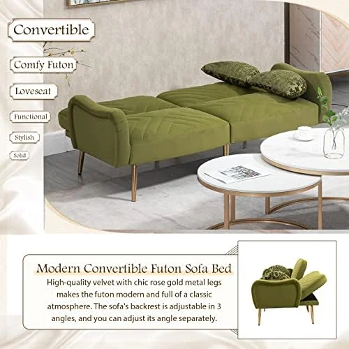 RUNFAYBIU Modern Velvet Futon Sofa Bed  Convertible Loveseat with 2 Crescent-shaped Pillows  Small Sleeper Sofa with 3 Adjustable Positions