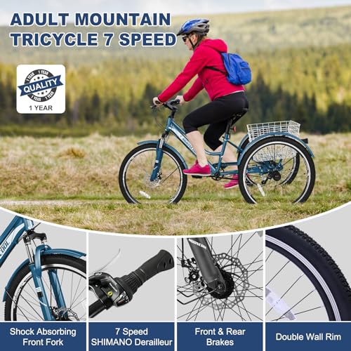 Adult Mountain Bike, 7 Speed Three Wheel Bike Mountain Tricycle Cruiser Trike, 24/26/27.5 Inch Adults Trikes with Shopping Basket