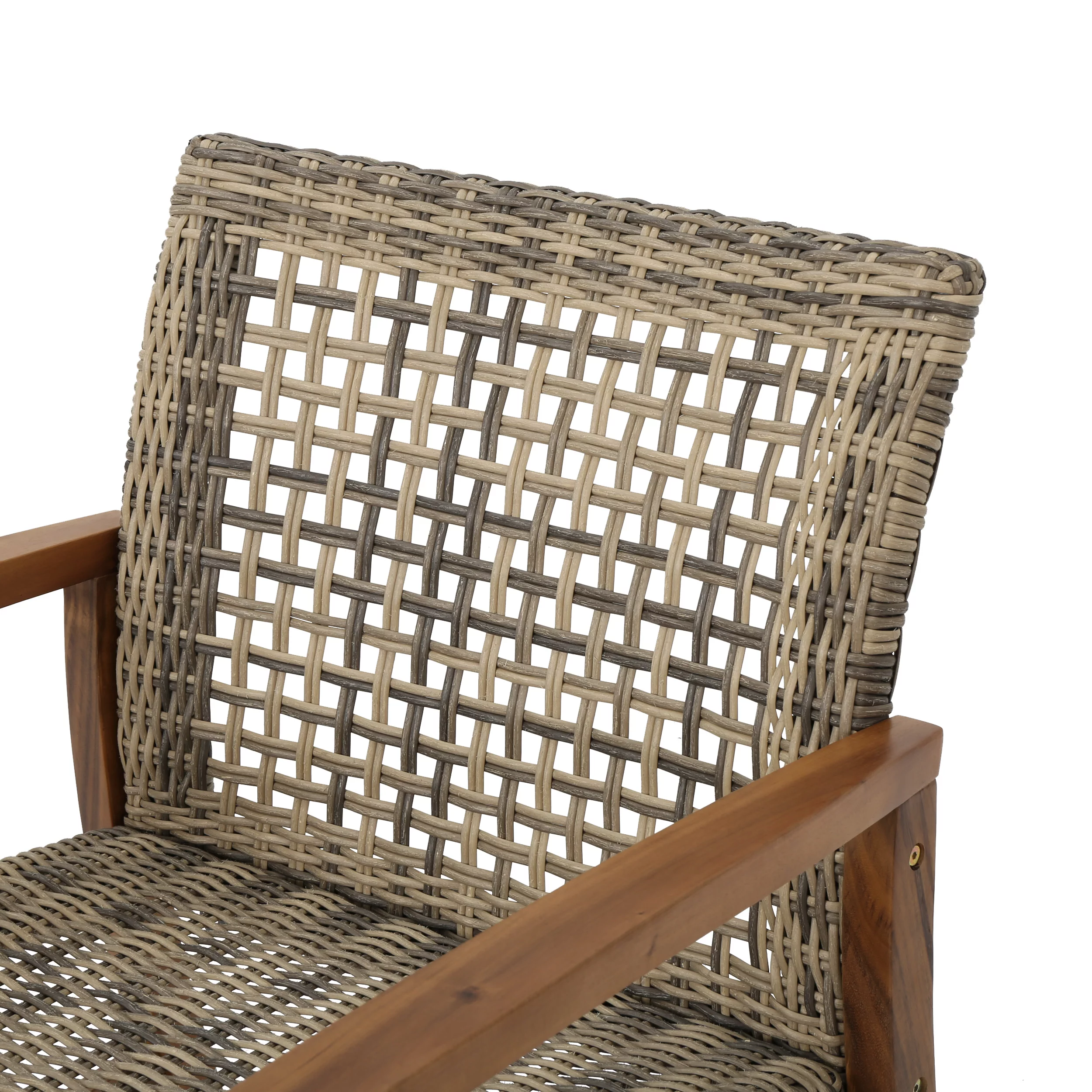 Outdoor Mid Century Wicker Club Chairs with Natural Stained Acacia Wood Frame, Grey