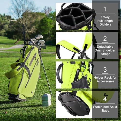 KVV Lightweight Golf Stand Bag with 7 Way Full-Length Dividers, 5 Zippered Pockets, Automatically Adjustable Dual Straps，Elegant Design