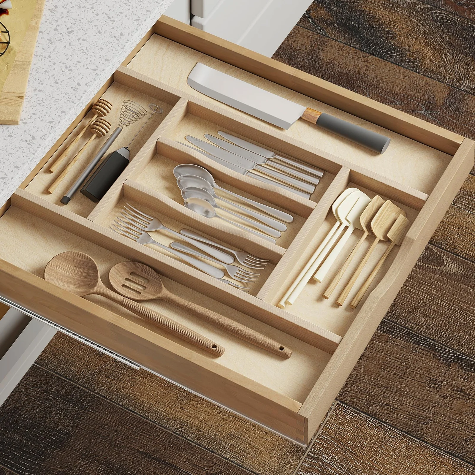 7 Slot 20x19Utensil/Tool/Junk Drawer Organizer Tray w/Divider (Natural Wood)