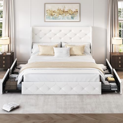 King Size Bed Frame with 4 Storage Drawers and Tufted Headboard Linen Upholstered Platform Bed Frame Wingback Beds with Wooden Slats Support