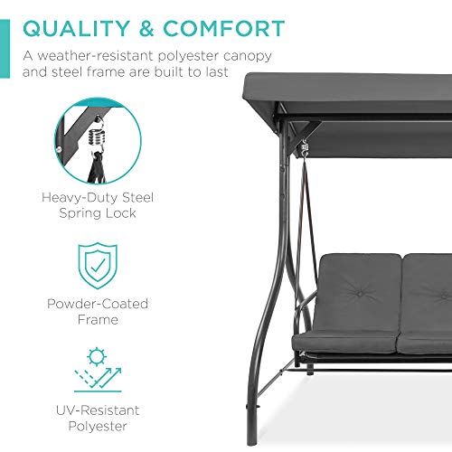 Best Choice Products 3-Seat Outdoor Large Converting Canopy Swing Glider, Patio Hammock Lounge Chair for Porch, Backyard w/Flatbed, Adjustable Shade