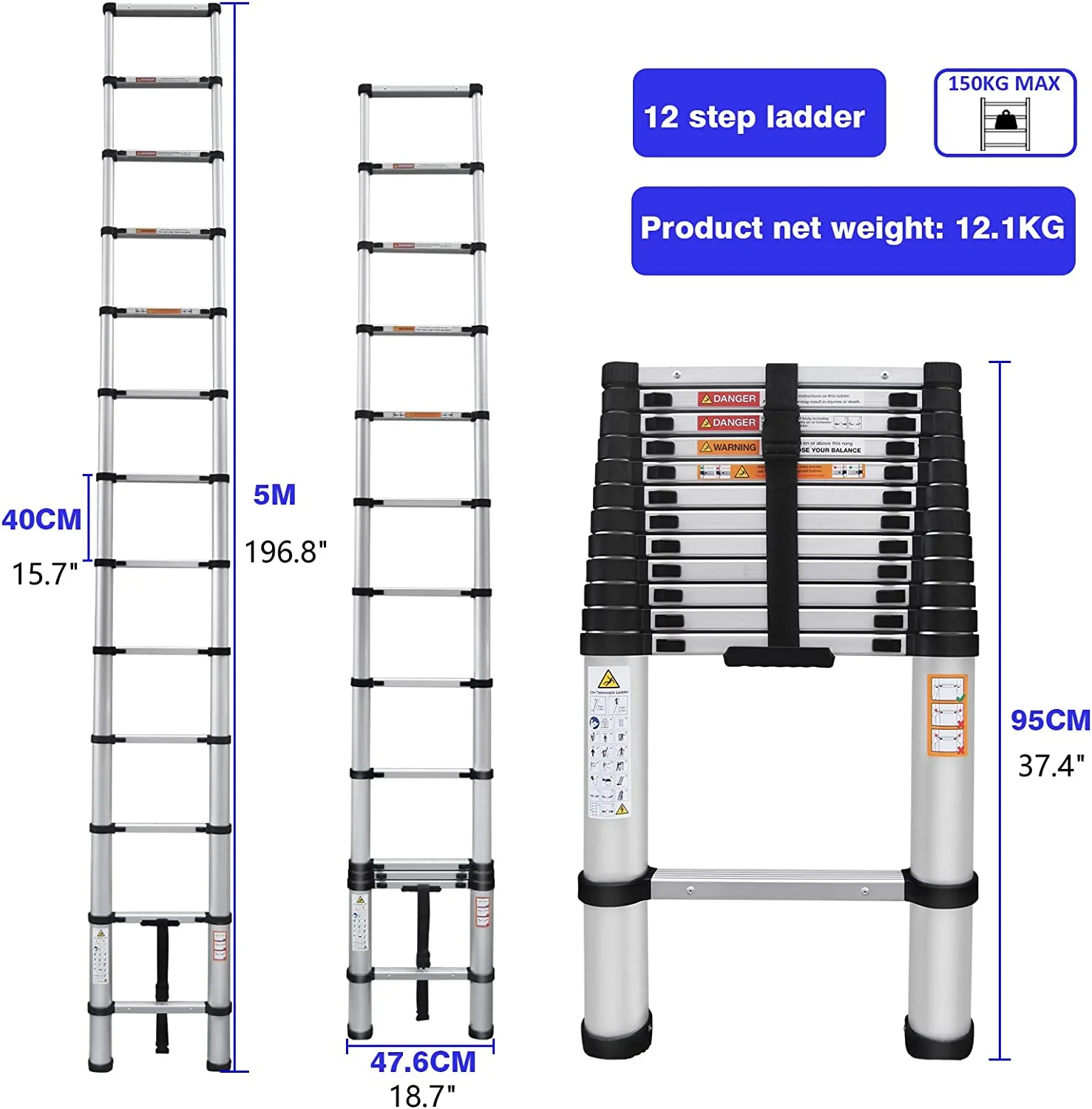 Telescoping Ladder 16FT Aluminum Telescoping Extension Ladder, Collapsible Ladder Attic Ladder Rv Ladder
