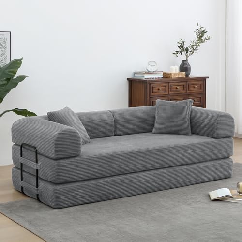 Convertible Sleeper Sofa Bed with Cylindrical Pillow, Corduroy Folding Mattress Couch with Fixed-Shape Frame