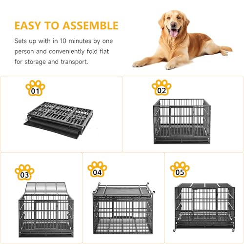 48 Inch Heavy Duty Dog Crate – Indestructible Steel Cage for Large Dogs, Double Door High Anxiety Cage with Removable Tray & Locking Wheels