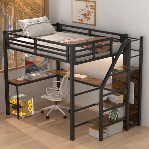 Full Size Loft Bed with Desk and Storage Stairs, Heavy Duty Metal Loft Bed Frame with Wardrobe