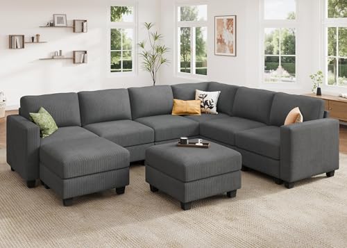 HONBAY Corduroy Modular Sectional Couch with Storage L-Shaped Sectional Couches for Living Room 6 Seater Modular Sofa, Dark Gray