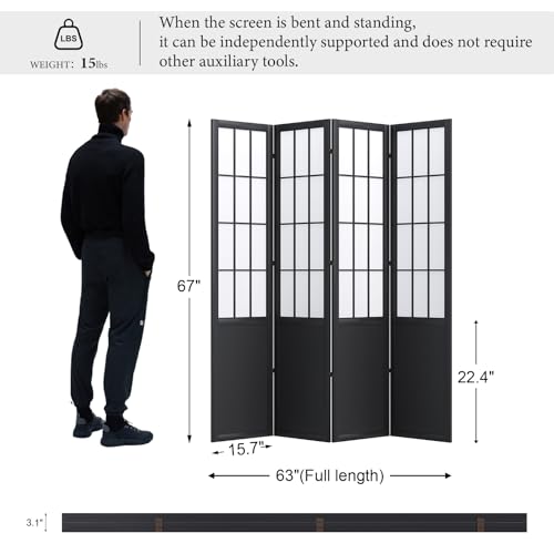 Room Divider, 66.9Inch Tall Japanese Shoji Style Folding Wood Screen with Double Hinges for Home Office Bedroom Hotel Decoration (4Panels, Black)