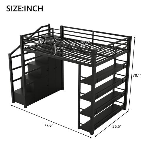 Harper & Bright Designs Full Size Loft Bed with Wardrobe and L-Shaped Desk, Metal Loft Bed with Storage Cubes, Cabinet, Shelves for Kids Teens, White