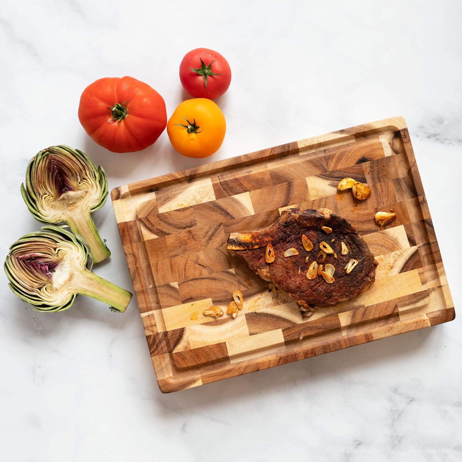 Villa Acacia Large Wood Cutting Board with Juice Groove, 2.5 Inch Thick, 17x12 Inch End Grain Block