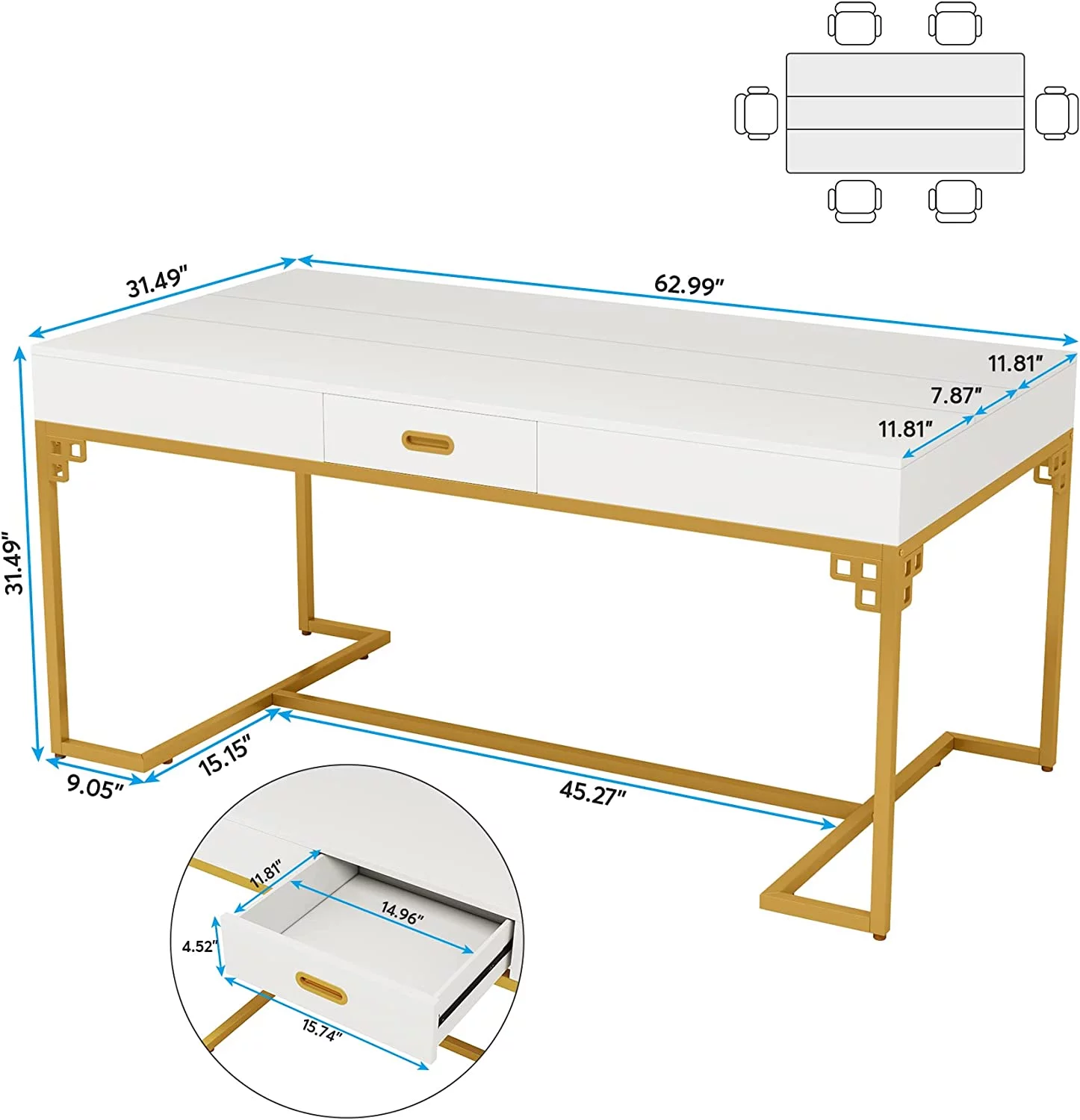 RUNFAYBIU 63 Inches Dining Table for 4 to 6  Rectangular Kitchen Table with 2 Drawers  Modern Dinner Table with Gold Metal Frame for Dining Room
