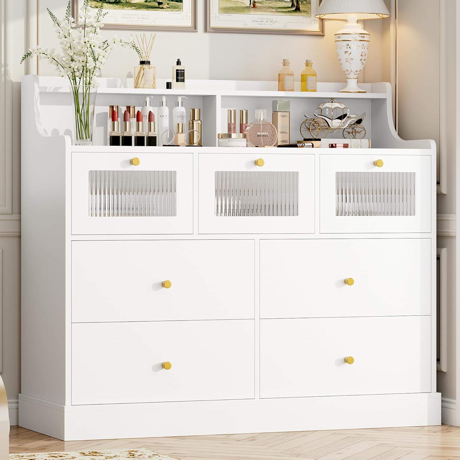 finetones 7 Drawer Dresser, White Dresser Double Dresser with Shelves, White and Gold Dresser, Wide Chest of Drawers, Dressers & Chests of Drawers