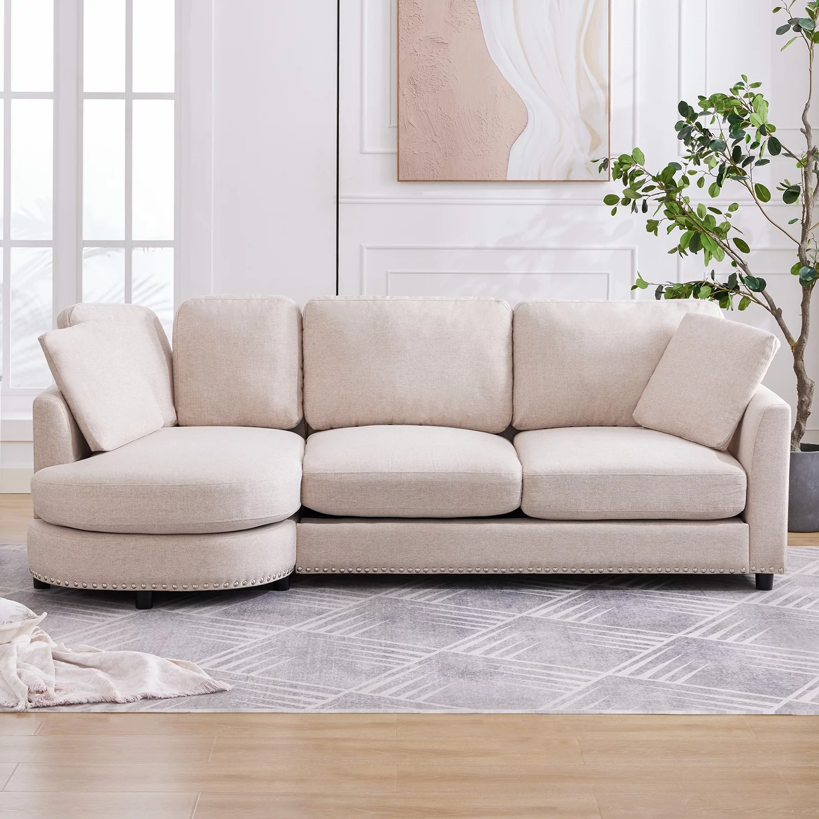Puremind Sectional Sofa Couch with Chaise, Upholstered Curved Couch for Living Room/Apartment(Beige)