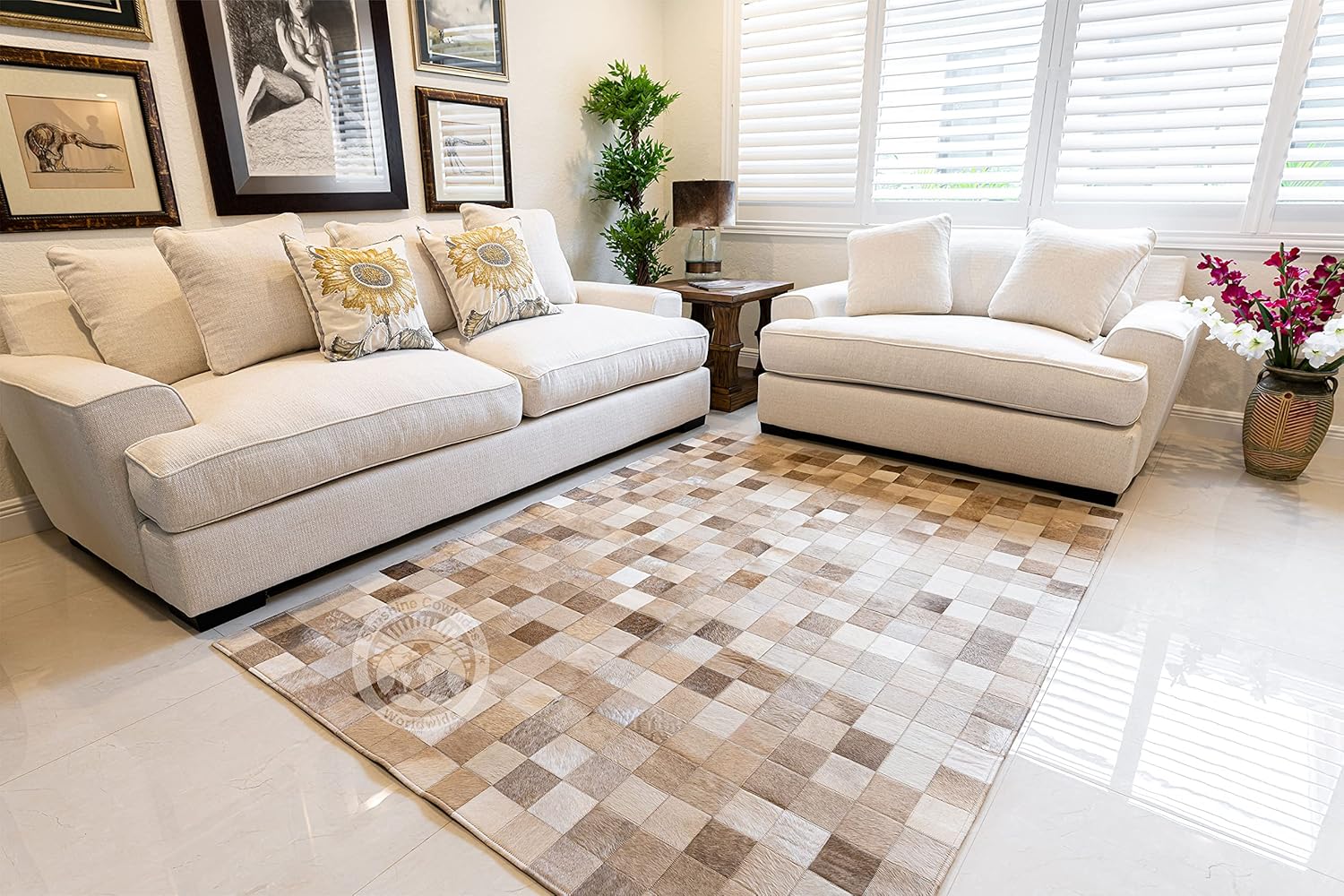 Sunshine Cowhides 100% Genuine Patchwork Cowhide Rug - Taupe-Champagne, Mosaic Design, Modern Animal Hide Rugs for Living Room