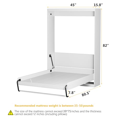 ROOMTEC Twin Size Murphy Wall Bed, White, Space-Saving Furniture Bed Frame for Bed Room,Guest Room,Home Office