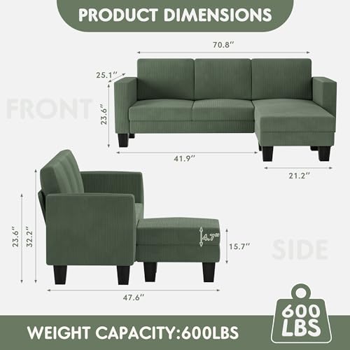 YESHOMY L-Shaped Convertible Sectional Sofa 3 Seater with Corduroy Fabric, Complete with Mobile Footrest, for Living Room, Apartment and Office, 70"