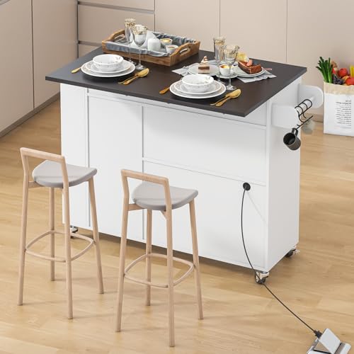 Kitchen Island with Drop Leaf, Rolling kitchen island with power outlet and Led Light, Kitchen Island with Storage Cabinet, Spice Rack, Drawer