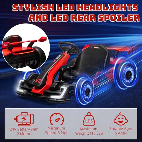24V Electric Go Kart for Kids，Powerful Drift Kart with 2 * 150W Motors, Adjustable Seat