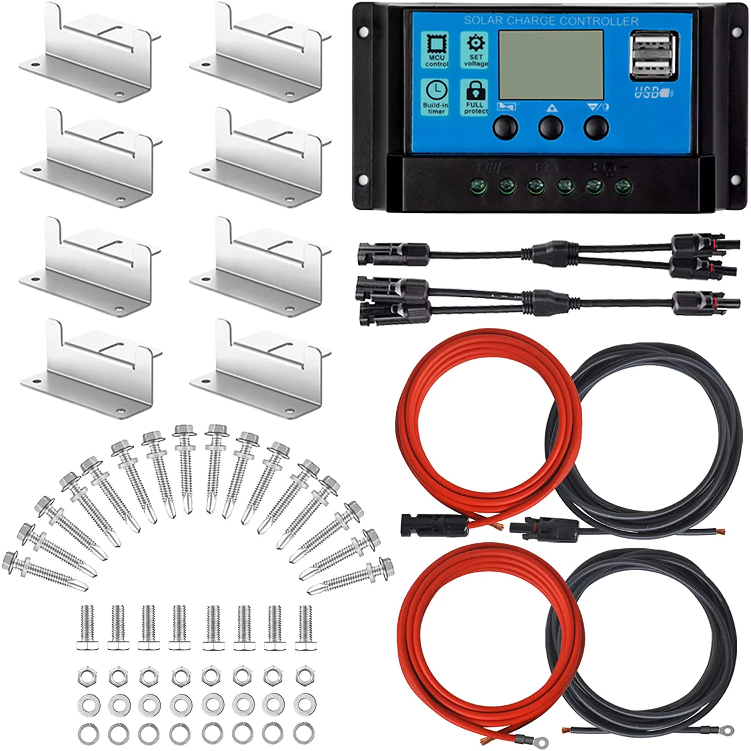Pikasola 200 Watt 12/24V Solar Panel Kit for RV Boat Home: 2pcs 100W Monocrystalline Solar Panel Grade A + 12/24V Solar Charge Controller + 16ft
