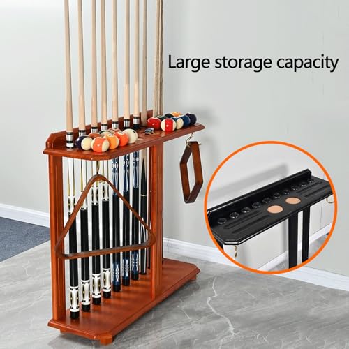 Freestanding Floor Stand Pool Cue Rack - Holds Up to 10 Cues & Billiard Accessories, Corner Design for Game Room - Durable Brown Finish