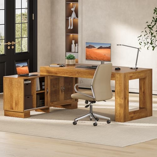 LITTLE TREE 63" L Shaped Executive Desk with Storage, Farmhouse Home Office Desk with 2-Tier Cabinets and Shelves