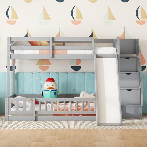 Bunk Beds Twin Over Full Size, Pine Solid Wooden Bunk Bed with Slide, Storage Staircase, Safety Guardrails for Kids, White