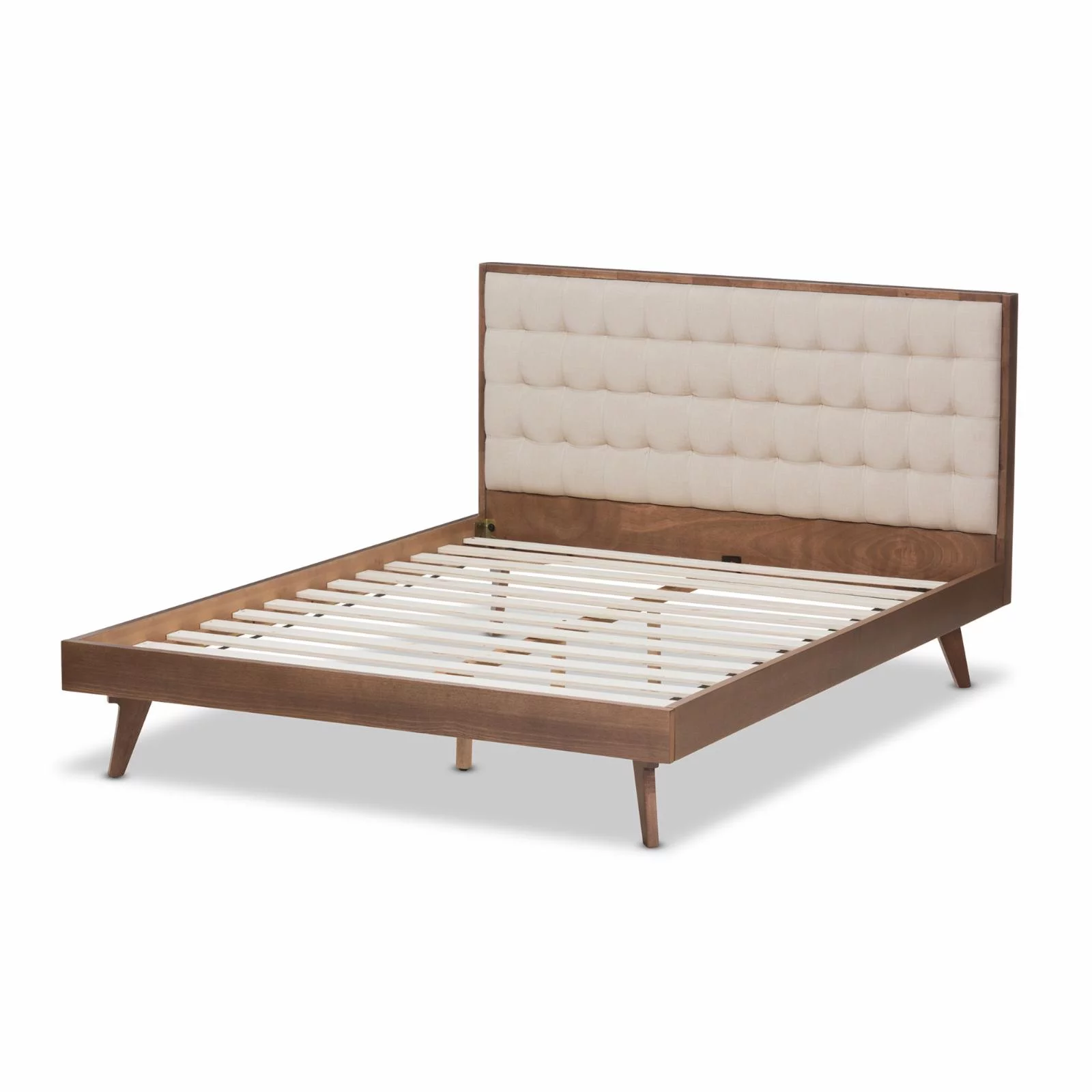 Baxton Studio Soloman Mid-Century Modern Light Beige Fabric and Walnut Brown Finished Wood Platform Bed, Multiple Sizes