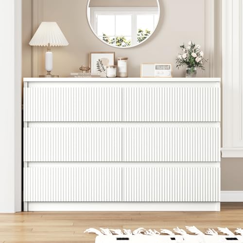 White 6 Drawer Dresser for Bedroom, Modern Fluted Dresser with Deep Drawers, Large Double Wooden Chest of Drawers for Living Room, Hallway