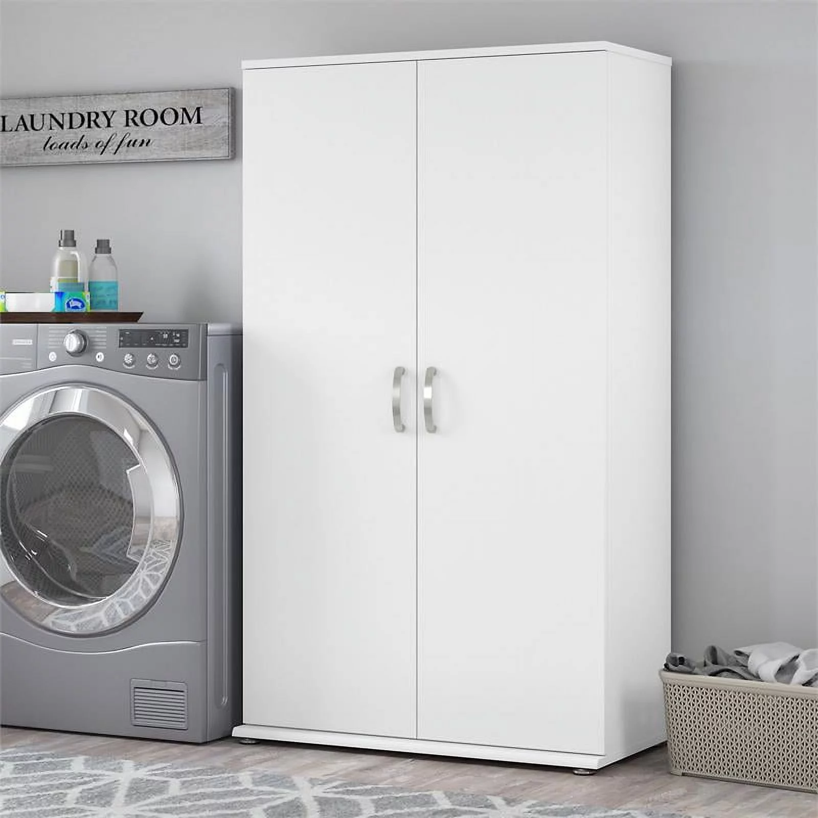 Universal Tall Linen Cabinet with Doors in White - Engineered Wood