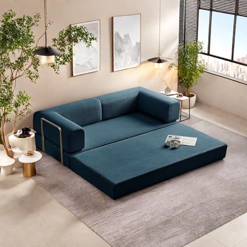 Convertible Floor Sofa Bed, Foldable Mattress Cloud Couch with Pillow Back & Armrest, Chenille Sleeper Sofa Bed with Fixed-Shape Frame
