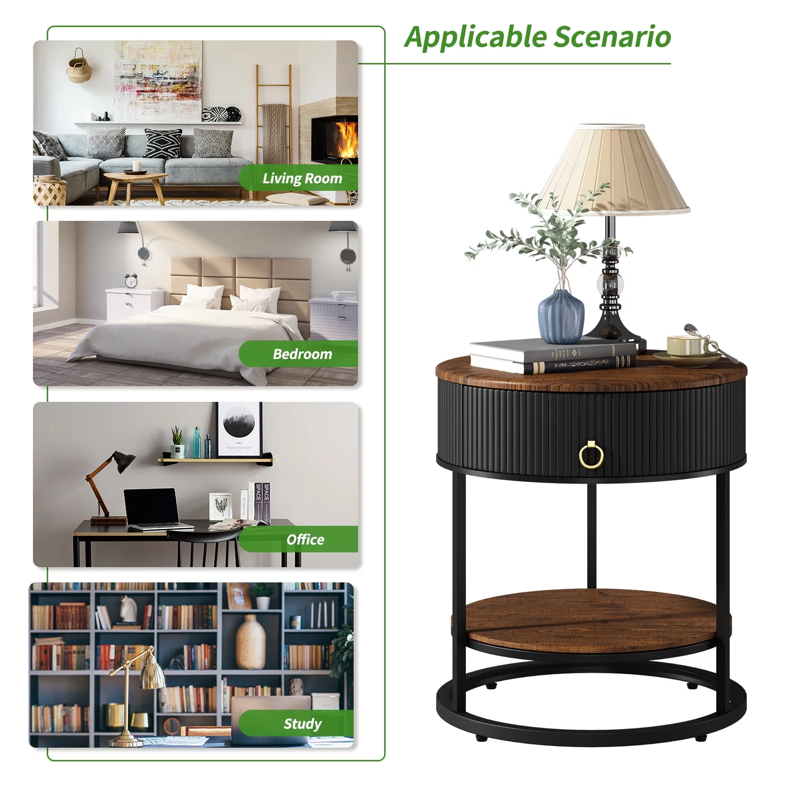 ASYA Metal End Table with Drawer, 21.65’’ Sofa Side Table, 2-Tier Round Nightstand for Bedroom, Black