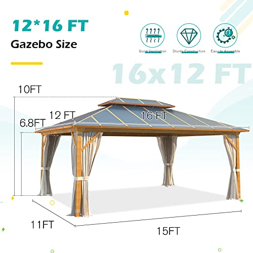 YOLENY 10' x 12' Hardtop Gazebo, Wood-Looking Gazebo with Galvanized Steel Double Roof, Aluminum Frame